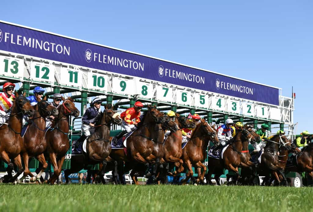 Horses burst from the starting stalls at Melbourne’s Flemington Racecourse. ©GettyImages