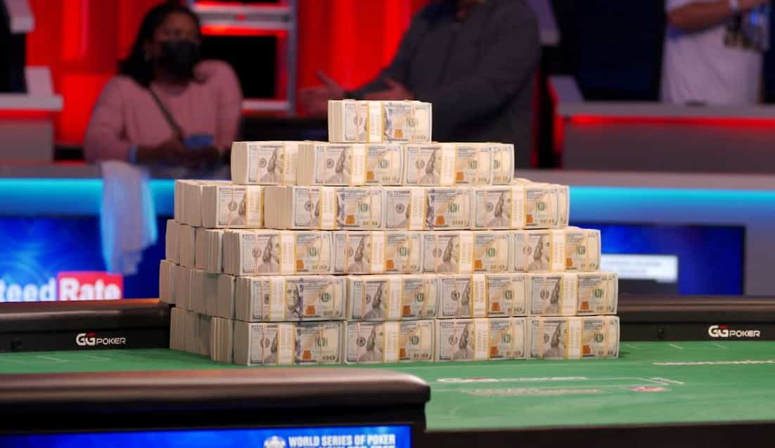 Cash stacked up at the finals table of the World Series of Poker.