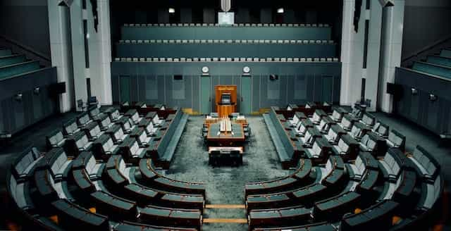 An empty parliamentary hall.