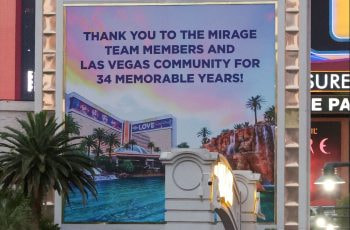 A sign outside of the Mirage thanks the Las Vegas community for its business.